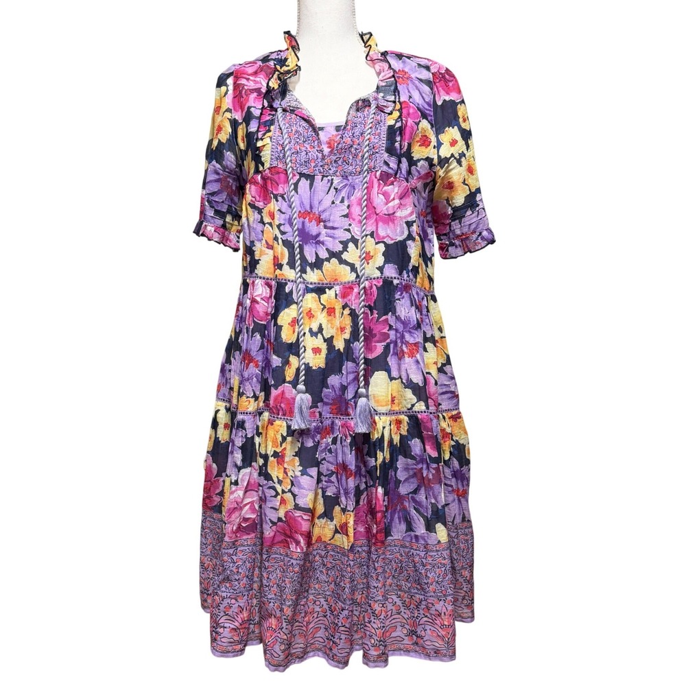 Sundance Fields of Beauty sz S Tiered Floral Peasant Dress Ruffle Purple w Slip - Picture 2 of 6